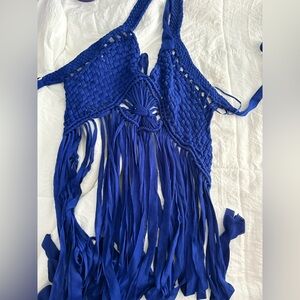 NWT Blue Boho Woven Fringe Top